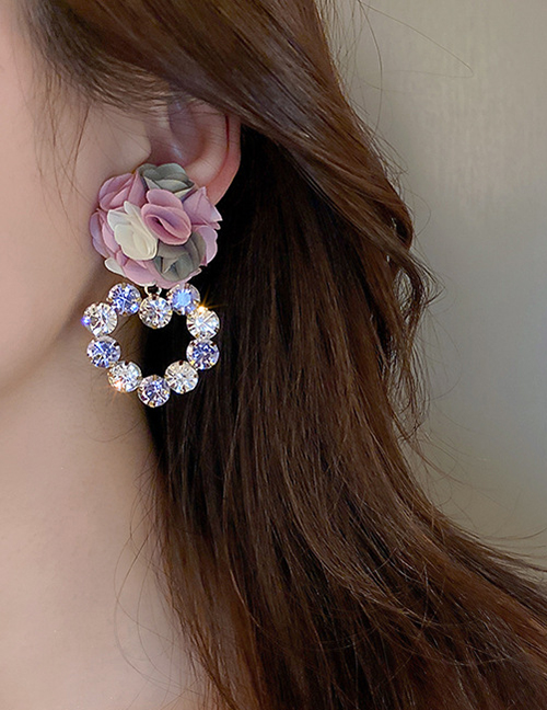 Fashion Pink Bronze Diamond Fabric Flower Stud Earrings