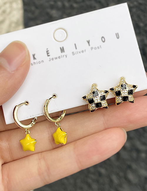 Fashion Gold 4-piece Set Of Copper Inlaid Zirconium Pentagram Oil Drop Pendant Earrings