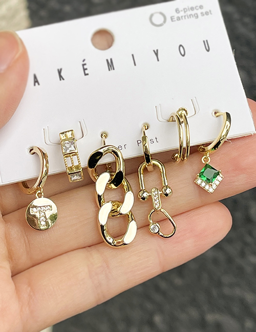 Fashion Gold Set Of 6 Brass-inlaid Zirconium Alphabet Chain Pendant Earrings