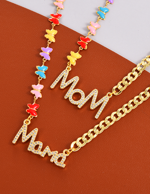 Fashion Gold Bronze Zircon Alphabet Mom Drop Oil Butterfly Splicing Chain Necklace