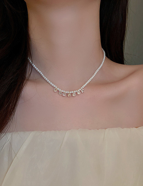 Fashion Gold Geometric Zirconium Tassel Pearl Beaded Necklace