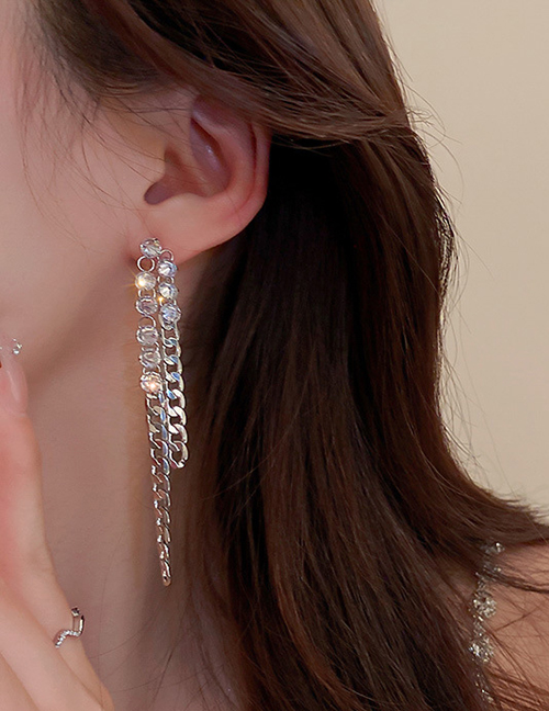 Fashion Silver Brass Zirconia Chain Tassel Drop Earrings