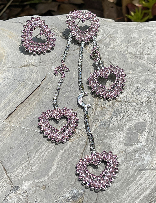 Fashion Purple Alloy Diamond Heart Tassel Letter Asymmetric Stud Earrings