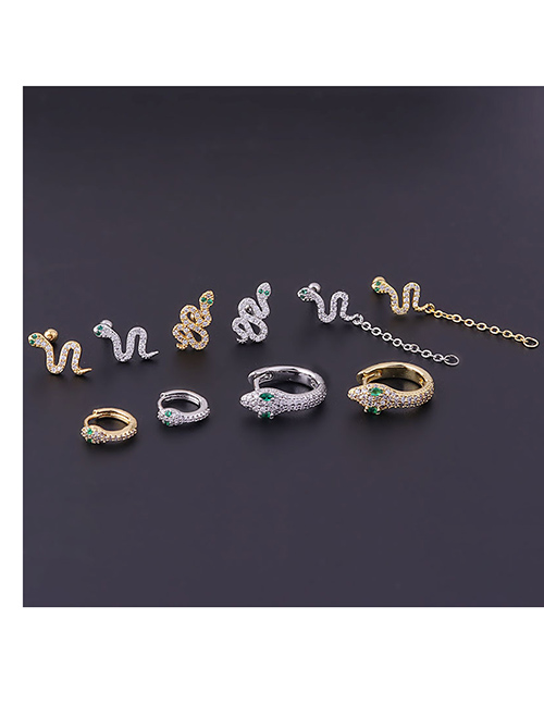 Fashion Silver 1# Stainless Steel Thin Rod Set Zirconium Green Eye Serpent Piercing Stud Earrings