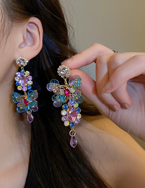 Fashion Purple Geometric Diamond Asymmetric Crystal Flower Drop Earrings