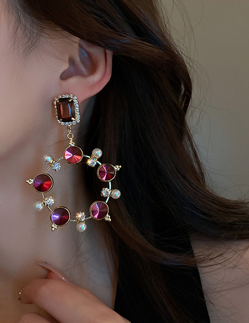 Fashion Purple Alloy Diamond Pearl Crystal Circle Stud Earrings