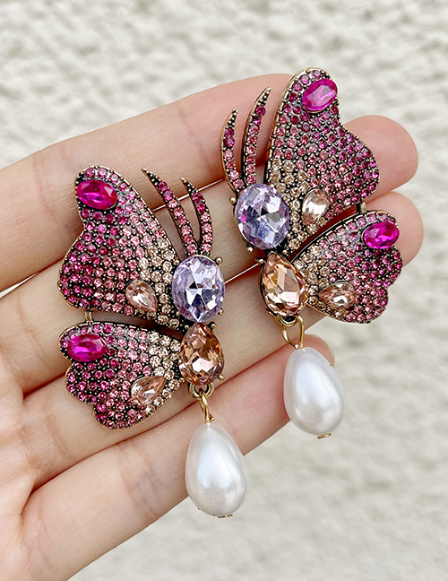 Fashion Red Alloy Diamond Butterfly Pearl Stud Earrings