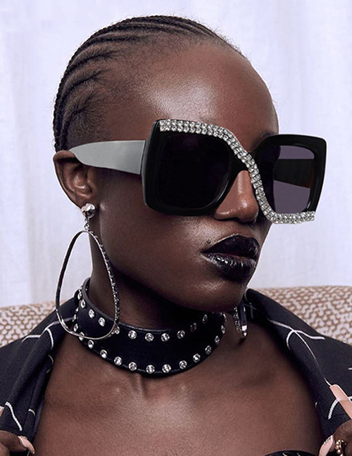Fashion Bright Black All Grey Pcs Shaped Diamond Square Large Frame Sunglasses