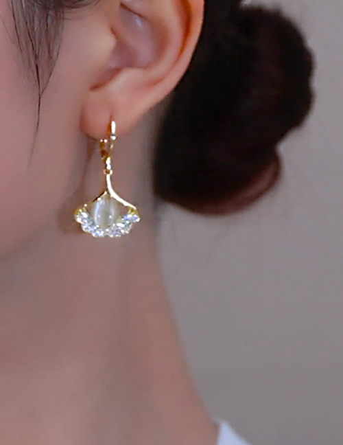 Fashion Ear Buckles - White Geometric Zirconium Cat Eye Ginkgo Leaf Earrings