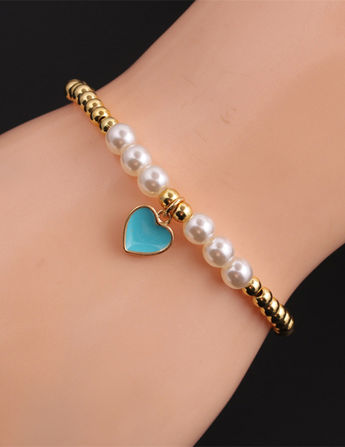 Fashion Blue Copper Drop Nectarine Heart Pearl Round Bead Stitching Bracelet