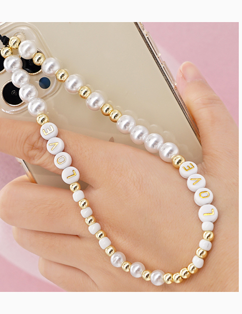 Fashion White Alphabet Gold Beads Pearl Beaded Mobile Phone Chain
