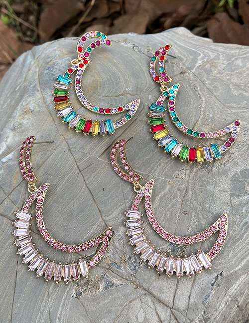 Fashion Color Alloy Diamond Hollow Moon Stud Earrings