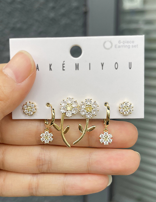Fashion Gold 6-piece Set Of Copper Inlaid Zircon Flower Drop Earrings