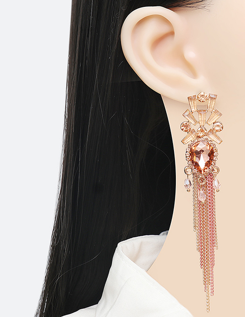 Fashion Pink Alloy Diamond Geometric Tassel Drop Earrings