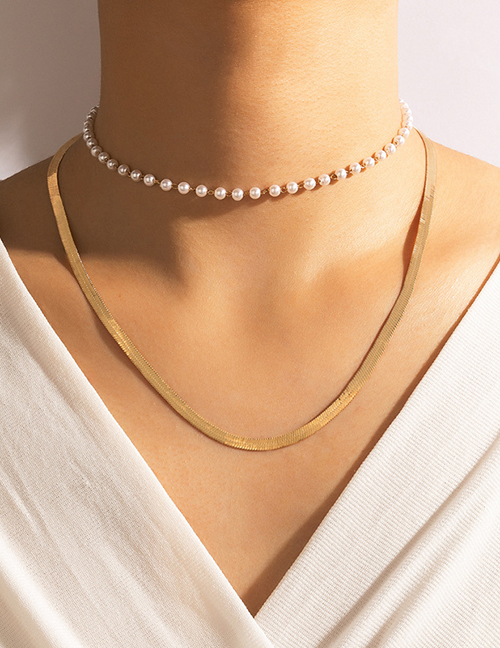Fashion Gold Alloy Pearl Beaded Snake Bone Chain Double Layer Necklace