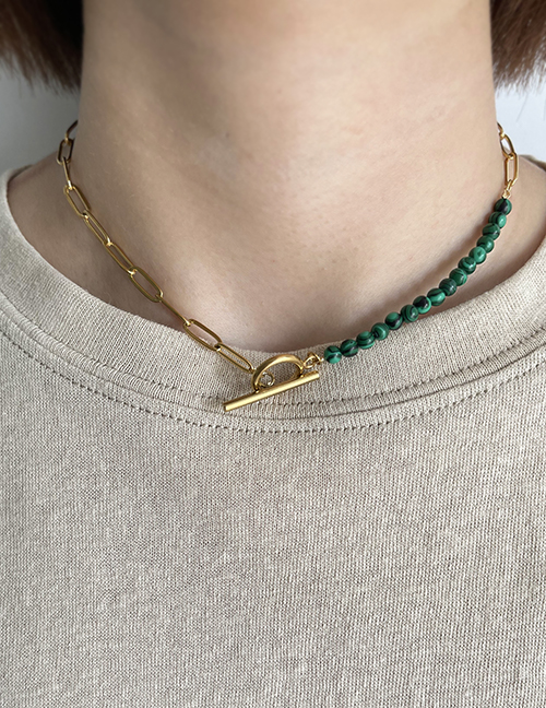 Fashion Dark Green Titanium Steel Resin Beaded Stitching Chain Ot Buckle Necklace