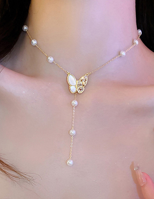 Fashion Gold Bronze Zirconium Shell Butterfly Pearl Tassel Necklace