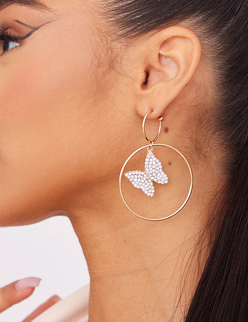 Fashion Gold Alloy Diamond Butterfly Hoop Earrings