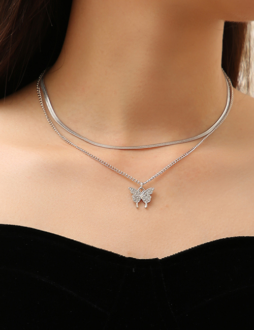 Fashion 1# Alloy Diamond Butterfly Double Layer Necklace