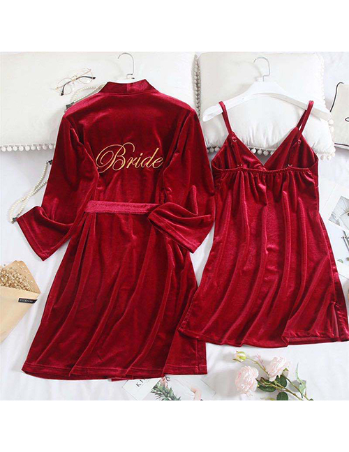 Fashion Gold Coloren Velvet Bridal Style-wine Red Gold Velvet Letter Embroidered Nightgown Cardigan