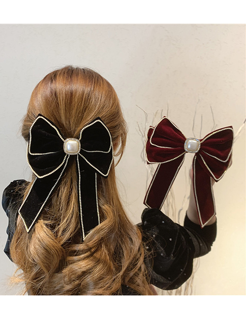 Fashion A Wine Red Diamond-studded Pearl Velvet Bow Hairpin