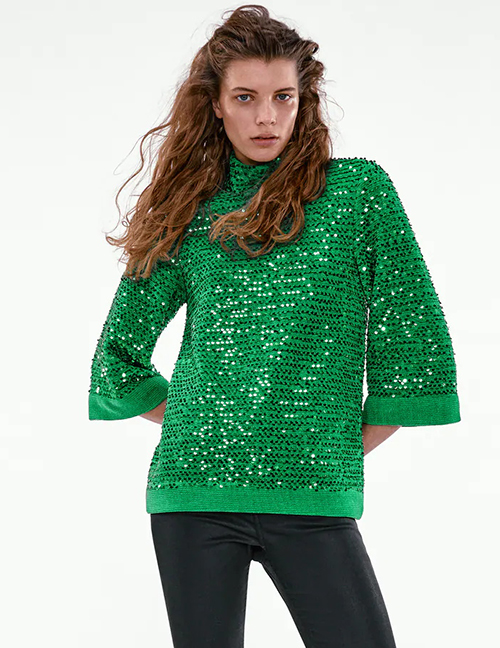 Fashion Bright Green Sequin Stand Collar Top