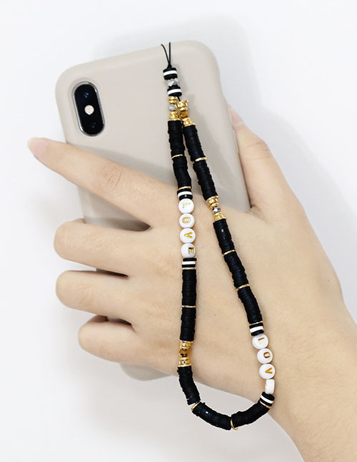 Fashion Black Acrylic Letter Beads Soft Ceramic Mobile Phone Lanyard