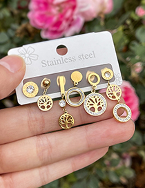 Fashion Gold Titanium Steel Inlaid Zirconium Tree Of Life Earrings Set
