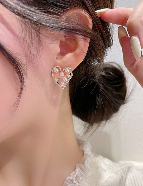 Fashion White Alloy Diamond Pearl Love Stud Earrings
