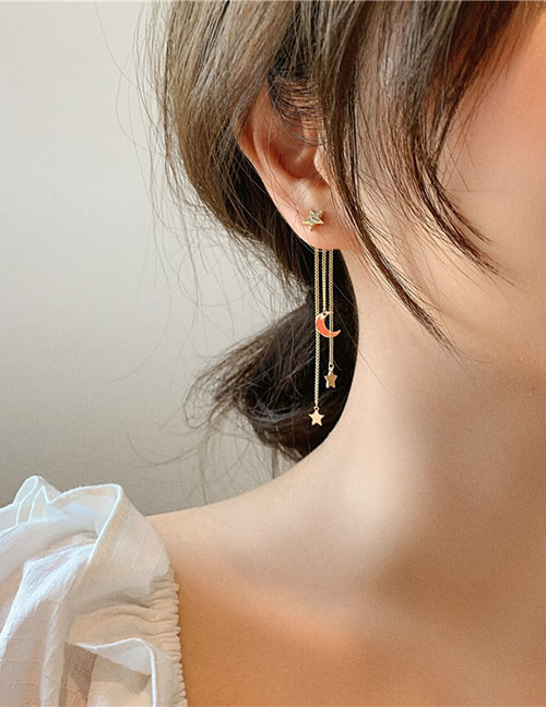 Fashion Gold Alloy Diamond Star And Moon Tassel Earrings