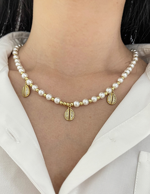 Fashion Gold-2 Bronze Zircon Shell Pendant Beaded Pearl Necklace