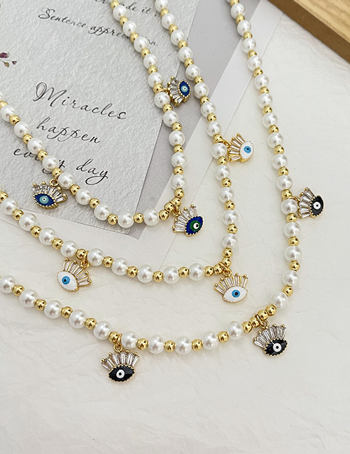 Fashion Navy Blue Bronze Zircon Drop Oil Eye Pendant Beaded Pearl Necklace