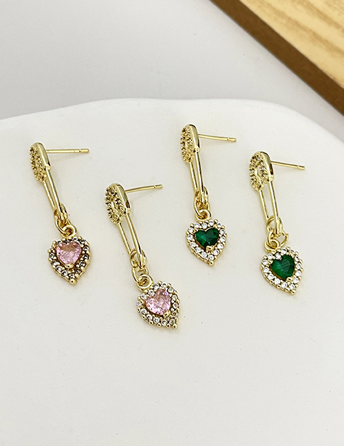 Fashion Green Brass Zirconia Pin Pendant Heart Stud Earrings