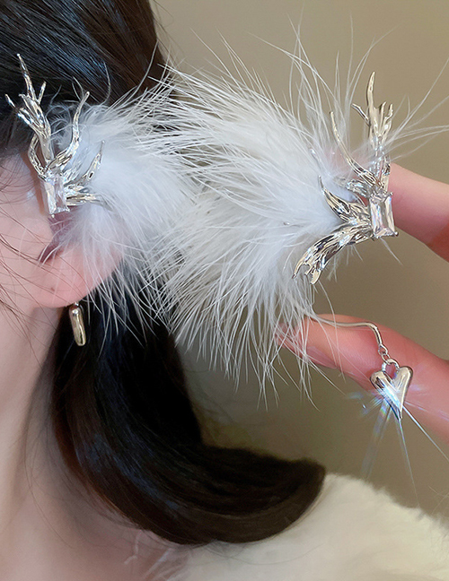 Fashion Earhook - White Left Ear Geometric Inlaid Zirconium Feather Butterfly Heart Earrings