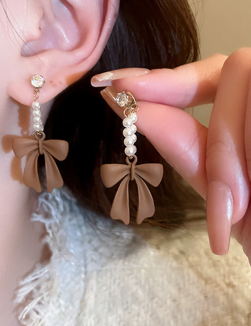 Fashion Brown Bow Alloy Diamond-studded Pearl Bow Earrings