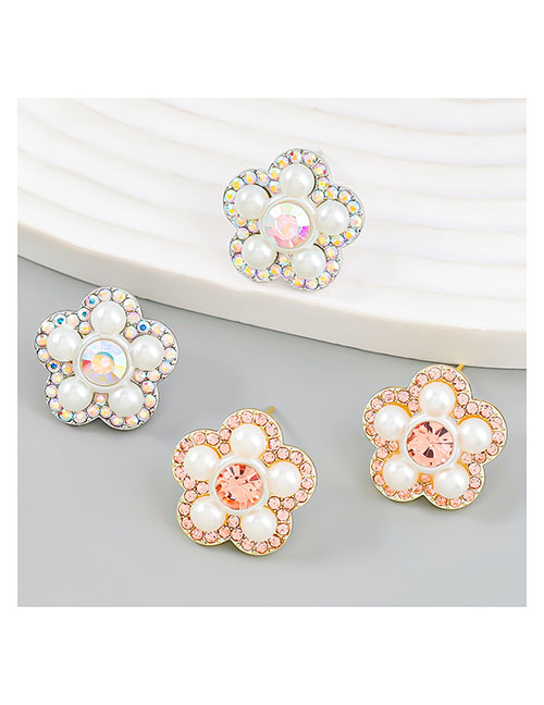 Fashion Silver Alloy Diamond And Pearl Flower Stud Earrings