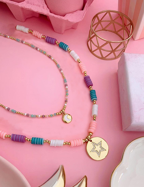Fashion 2# Geometric Beaded Moon Medal Necklace