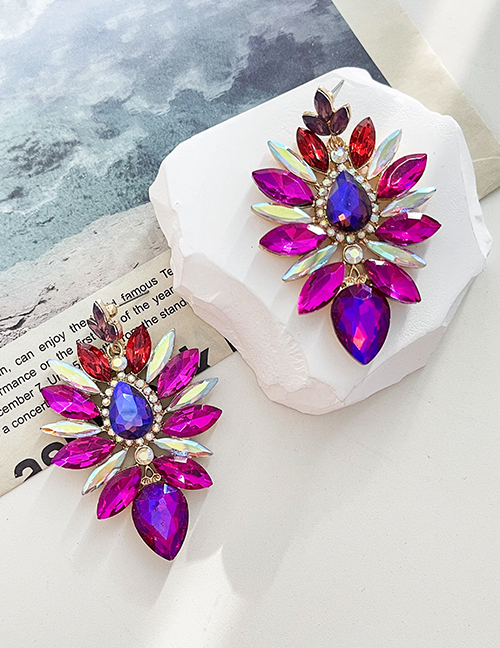 Fashion Purple Alloy Inlaid Diamond Water Droplet Pendant Earrings