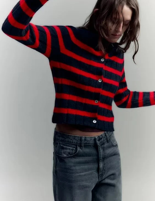 Fashion Red And Black Striped Knitted Buckle Jacket 