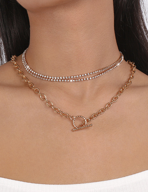 Fashion Gold Alloy Diamond Claw Chain Ot Buckle Double Layer Necklace