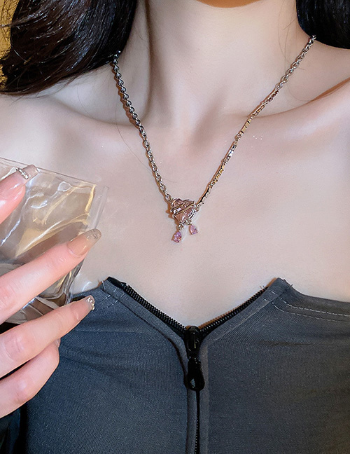 Fashion Necklace - Pink Alloy Set Zirconium Heart Necklace