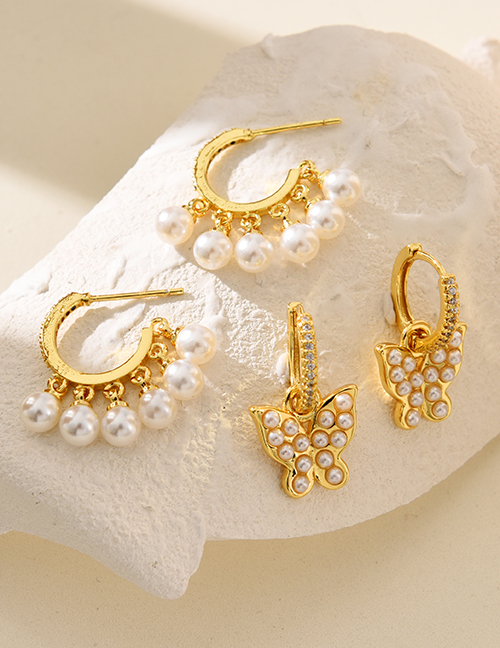 Fashion Golden 2 Bronze Zirconium Pearl Tassel C-hoop Drop Earrings