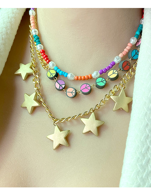 Fashion Color Colorful Rice Beads Beaded Oil Drop And Flat Mark Pentagram Tassel Multilayer Necklace