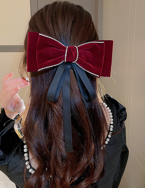 Fashion Spring Clip - Black Flocked Diamond Bow Ribbon Hair Clip
