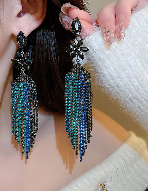 Fashion Black (tassel) Copper And Diamond Flower Long Chain Tassel Earrings