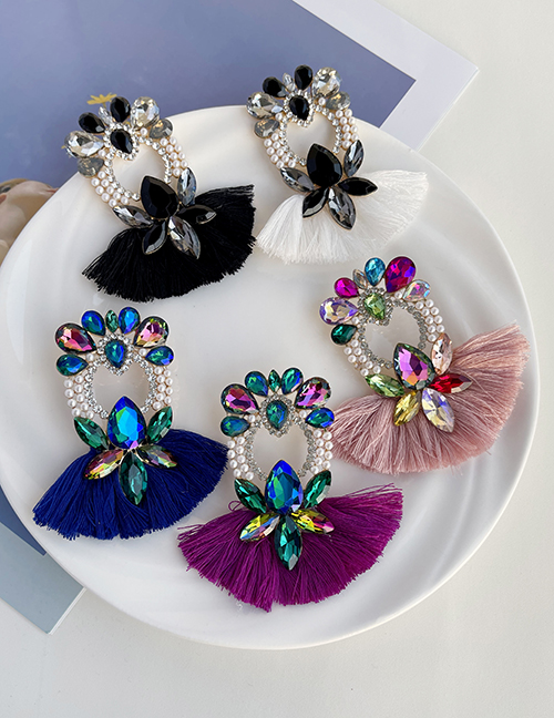 Fashion Purple Alloy Diamond Studded Pearl Drop Short Tassel Earrings