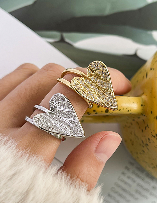 Fashion Gold Copper Inlaid Zirconium Leaves Heart Ring