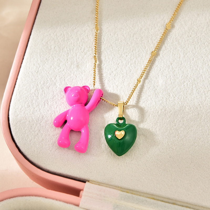 Fashion Rose Red Titanium Steel Dripping Oil Care Bear Pendant Necklace