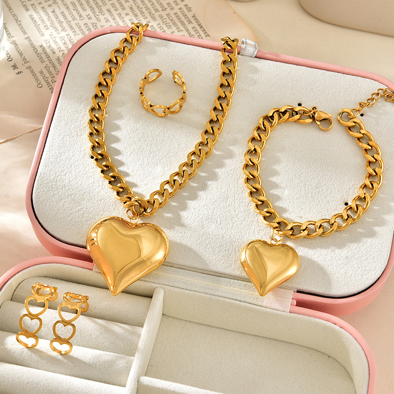 Fashion Gold Titanium Steel Love Necklace Earrings Bracelet Ring Set