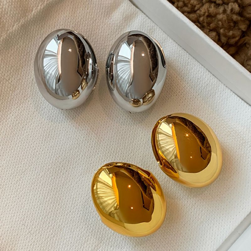 Fashion Silver Metallic Oval Stud Earrings